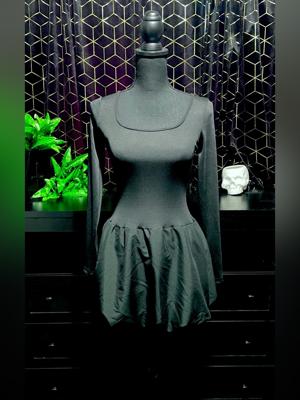 Dolls Kill Black Long Sleeve Drop Waist Bubble Hem Mini Dress